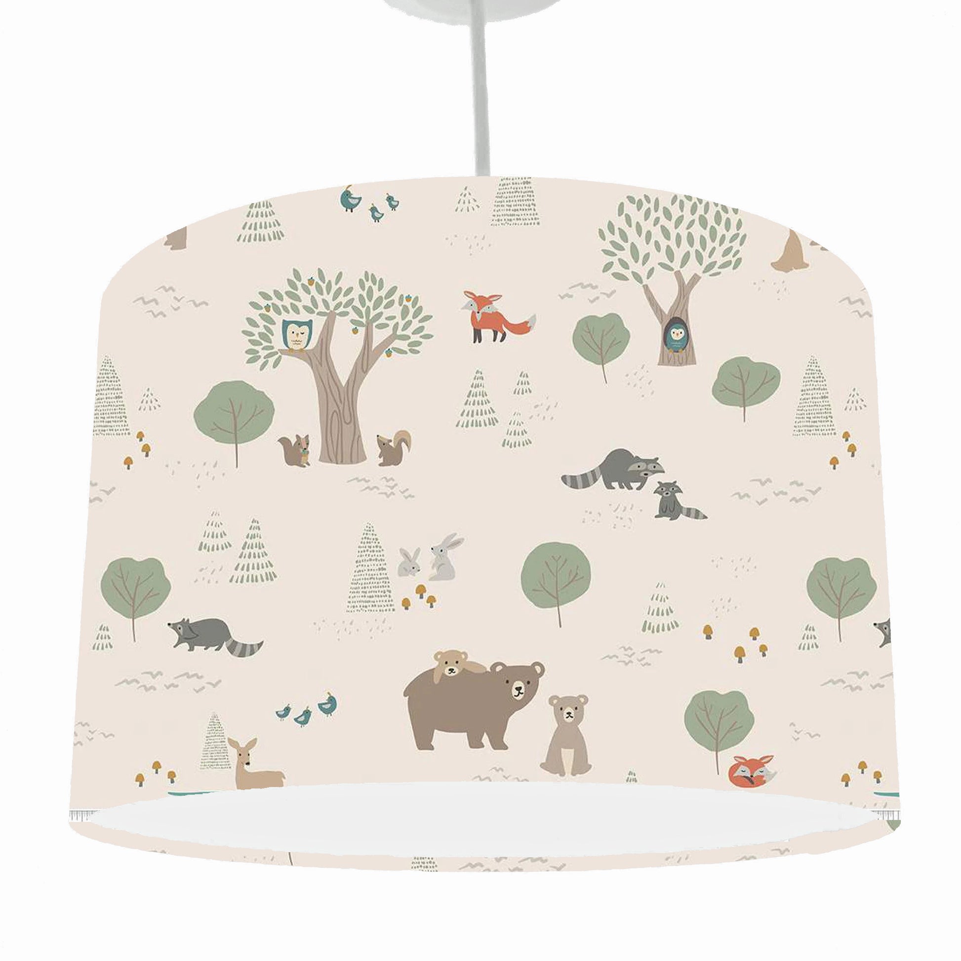 Woodland-themed lampshade with animals and trees on a beige background