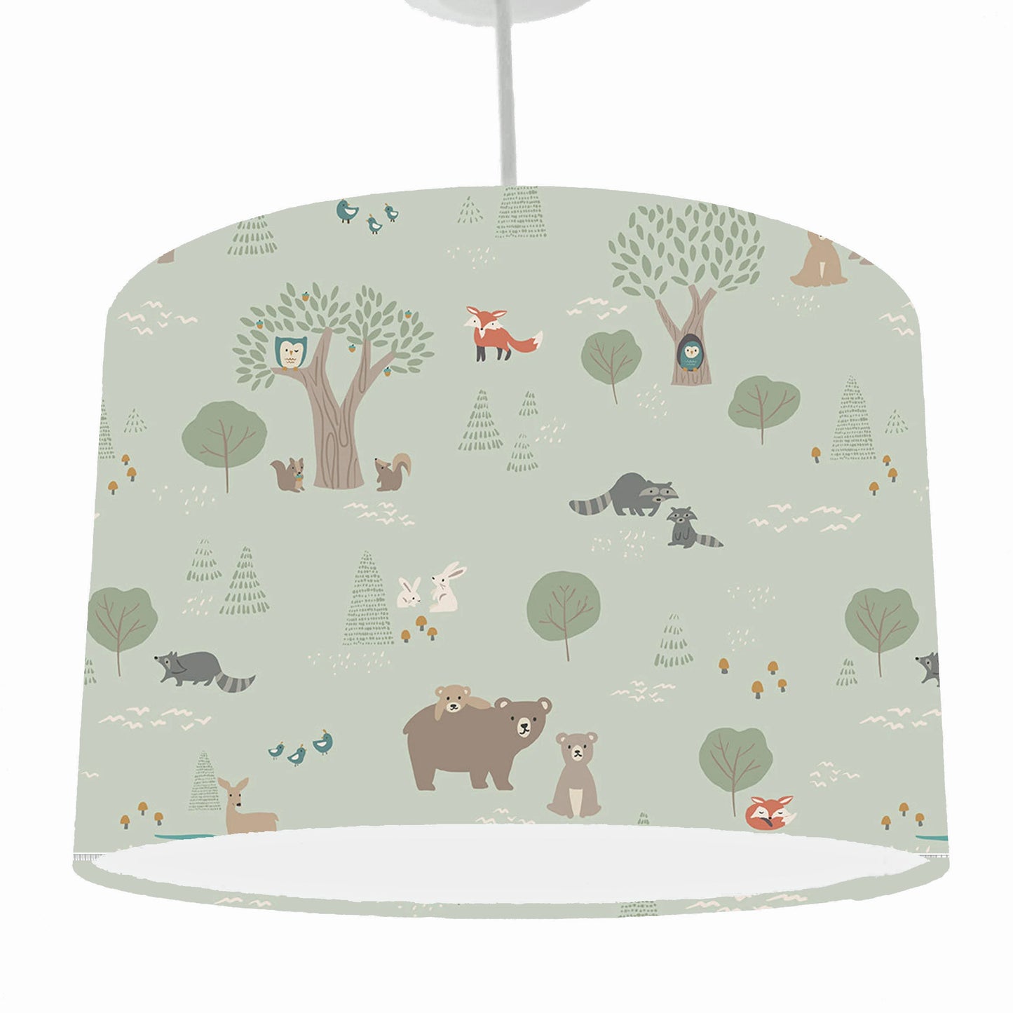Children's lampshade with forest animal pattern on a light green background