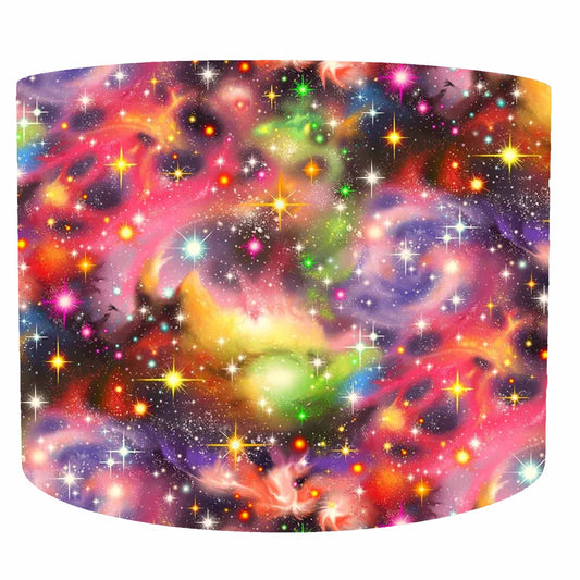 Colorful galaxy-themed drum lampshade with stars and nebulae.