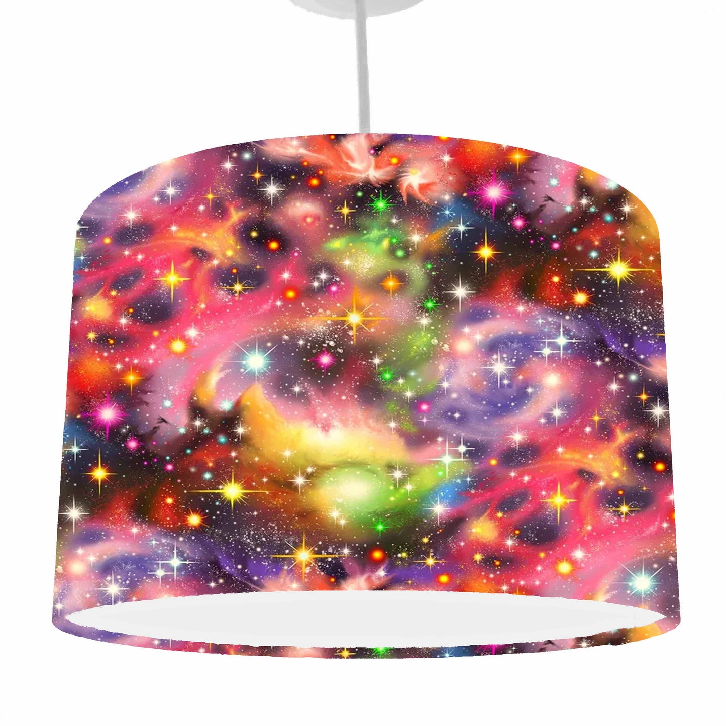 Colourful galaxy-themed lampshade on a black background, ceiling light view