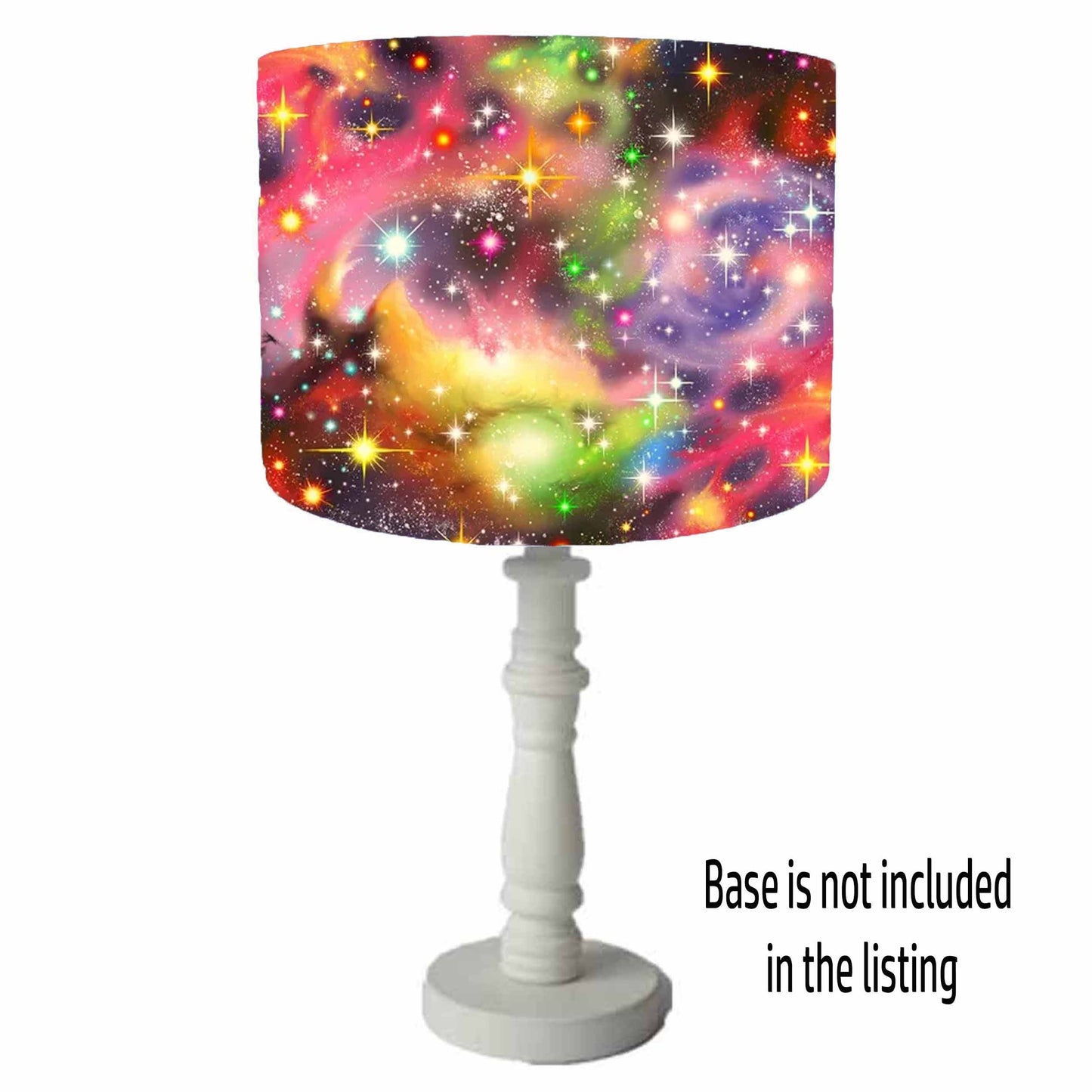 Drum table lamp  shadewith a colourful galaxy design on a black background