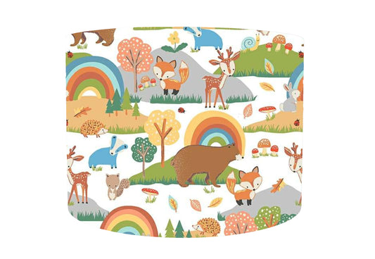 Woodland Animals And Rainbow Lampshade, Children Bedroom Decor, White