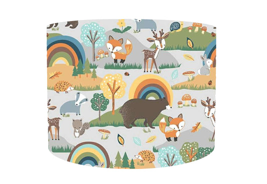 Woodland Animals And Rainbow Lampshade, Grey Version