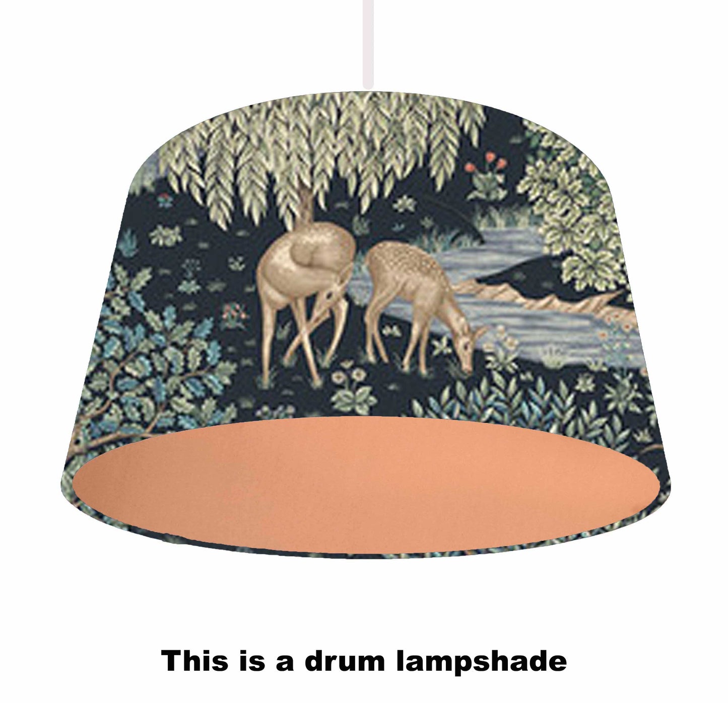 William Morris Granada drum lampshade with brushed metallic copper lining, ceiling light view