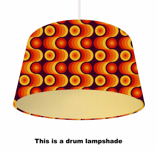 70s themed lampshade in orange and yellow, ceiling light view with gold lining