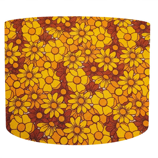 Retro floral drum lampshade in yellow and orange, front view
