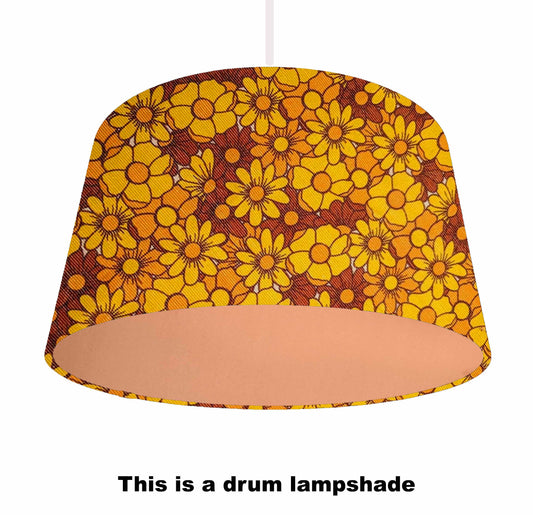 70s Floral Style Drum Lampshade, Metallic Lining