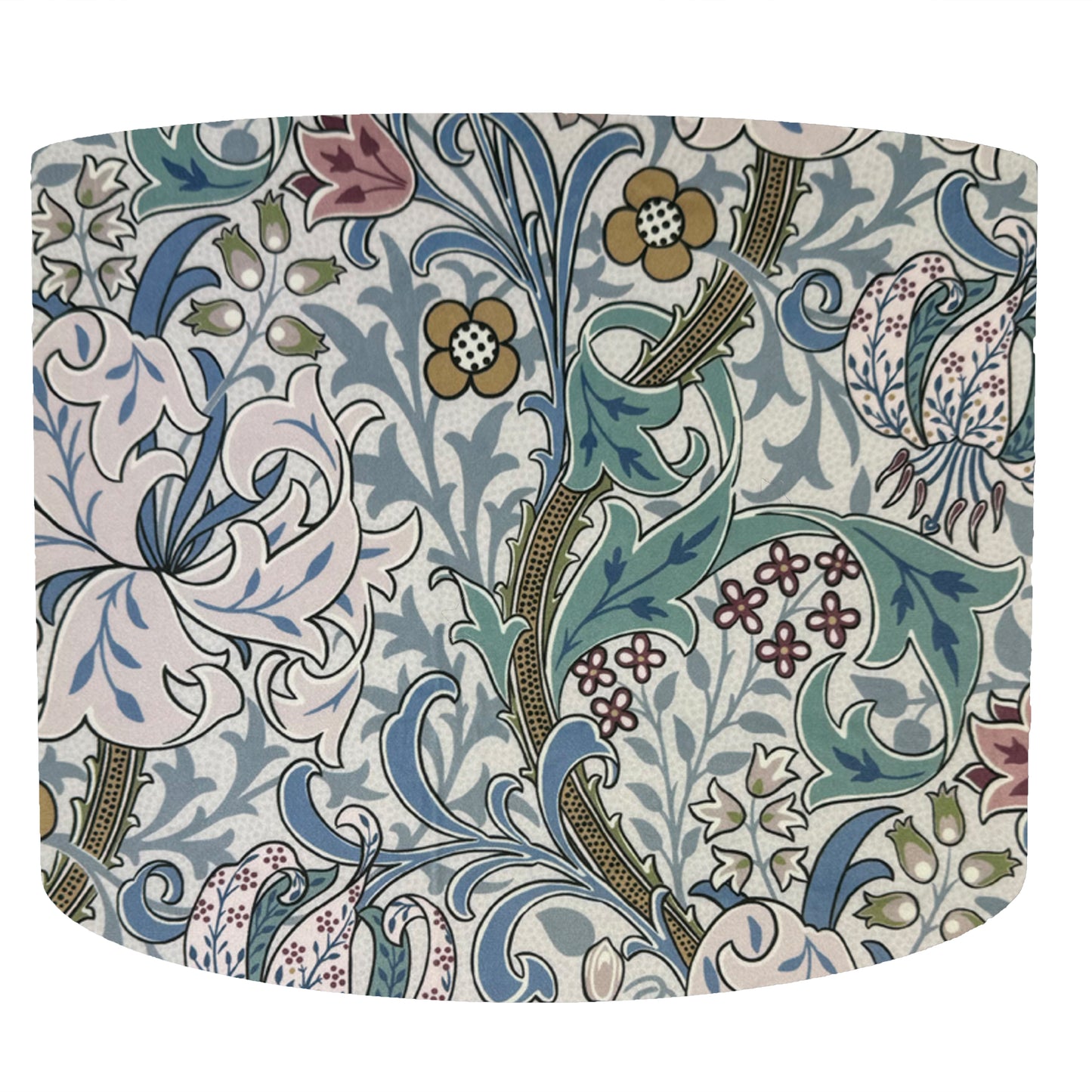 William Morris Golden Lily Lilac Haze Drum Lampshade, White Light Shade, White Lining