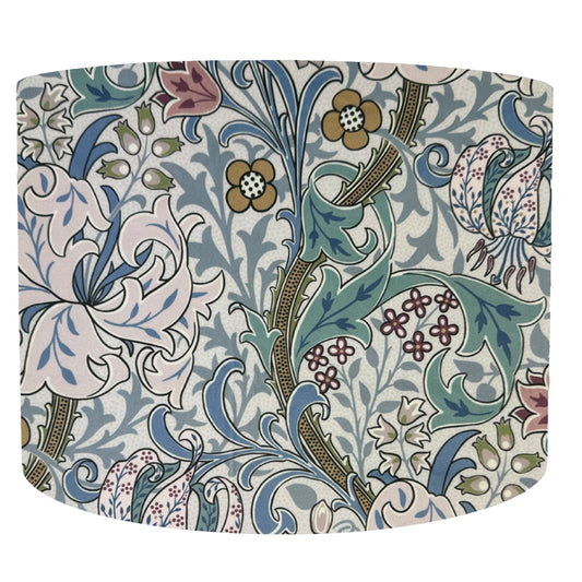 William Morris Golden Lily lilac haze drum lampshade, in soft white and blues and greens