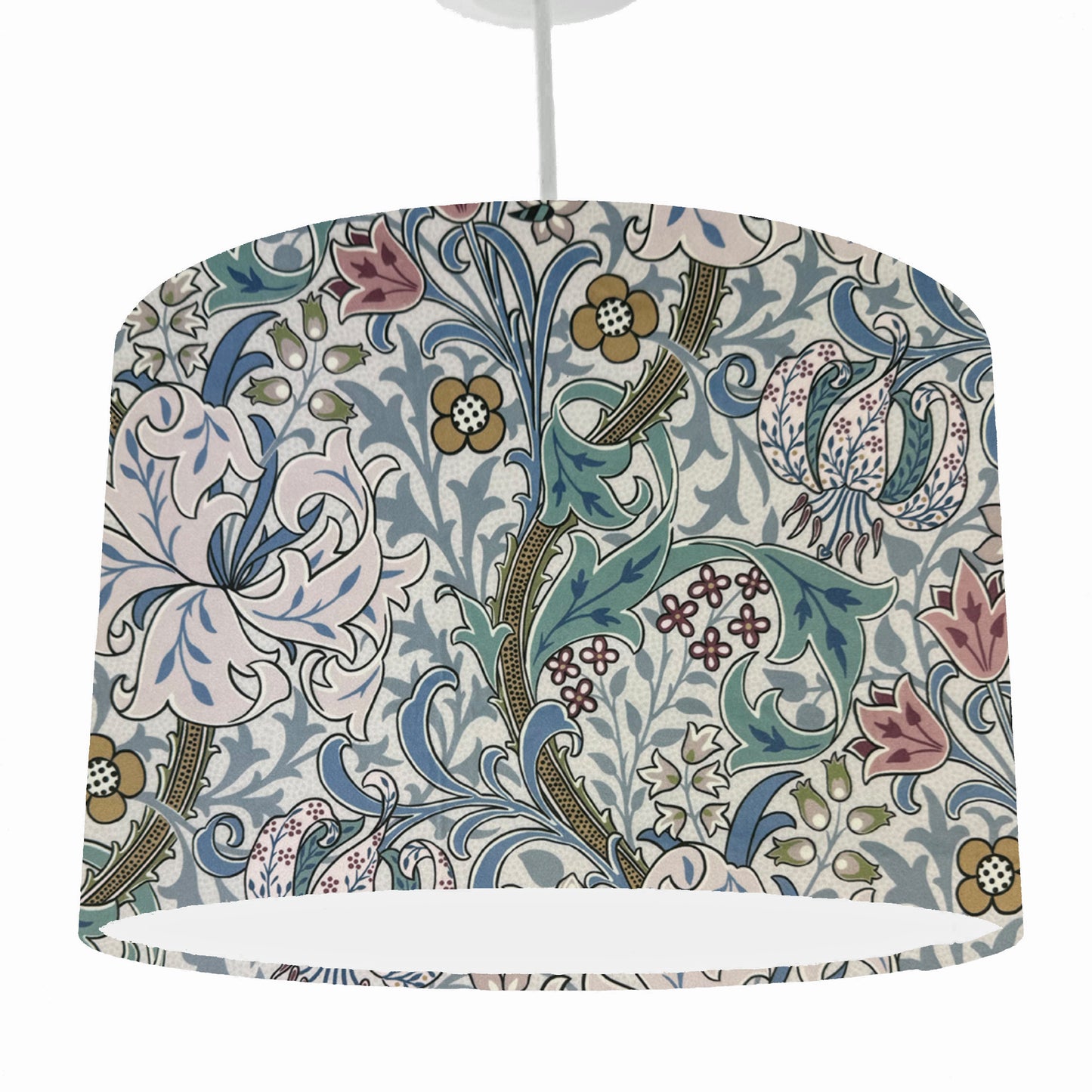 William Morris Golden Lily Lilac Haze Drum Lampshade, White Light Shade, White Lining