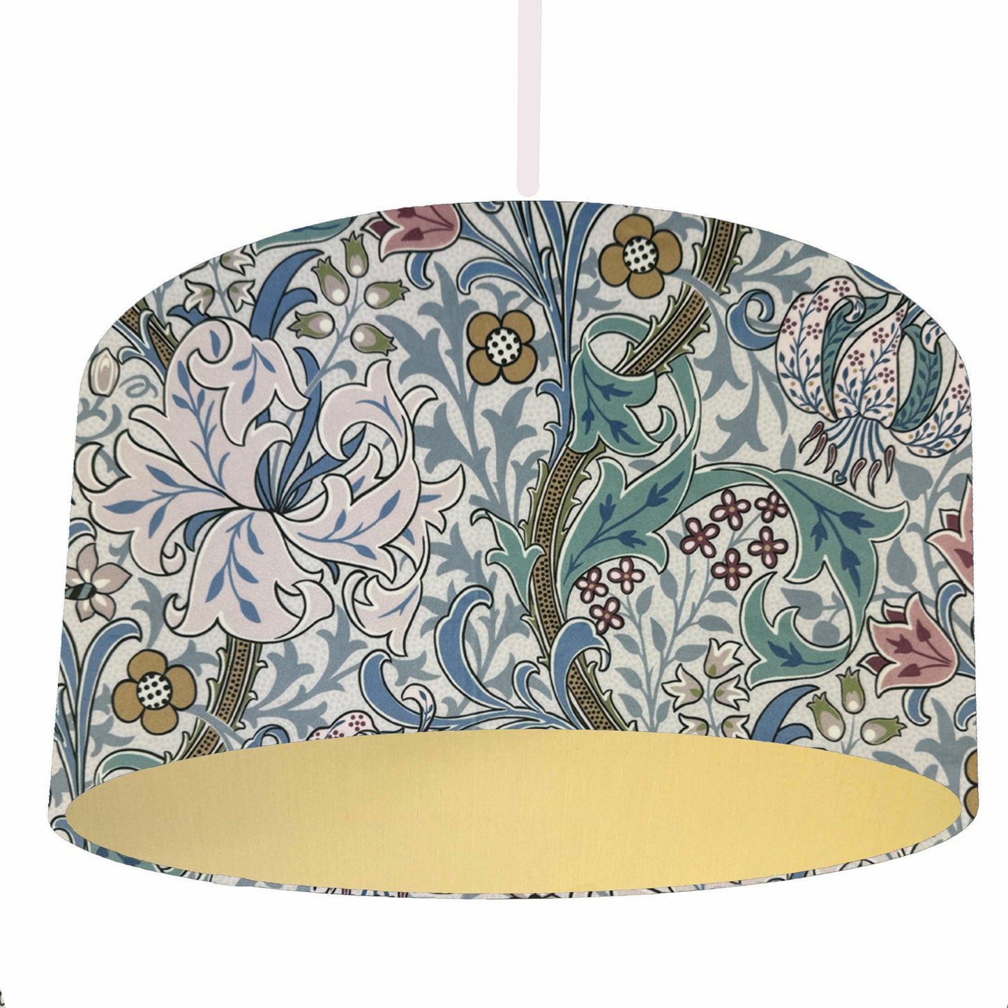 william morris golden lily lilac haze drum lampshade in gold lining