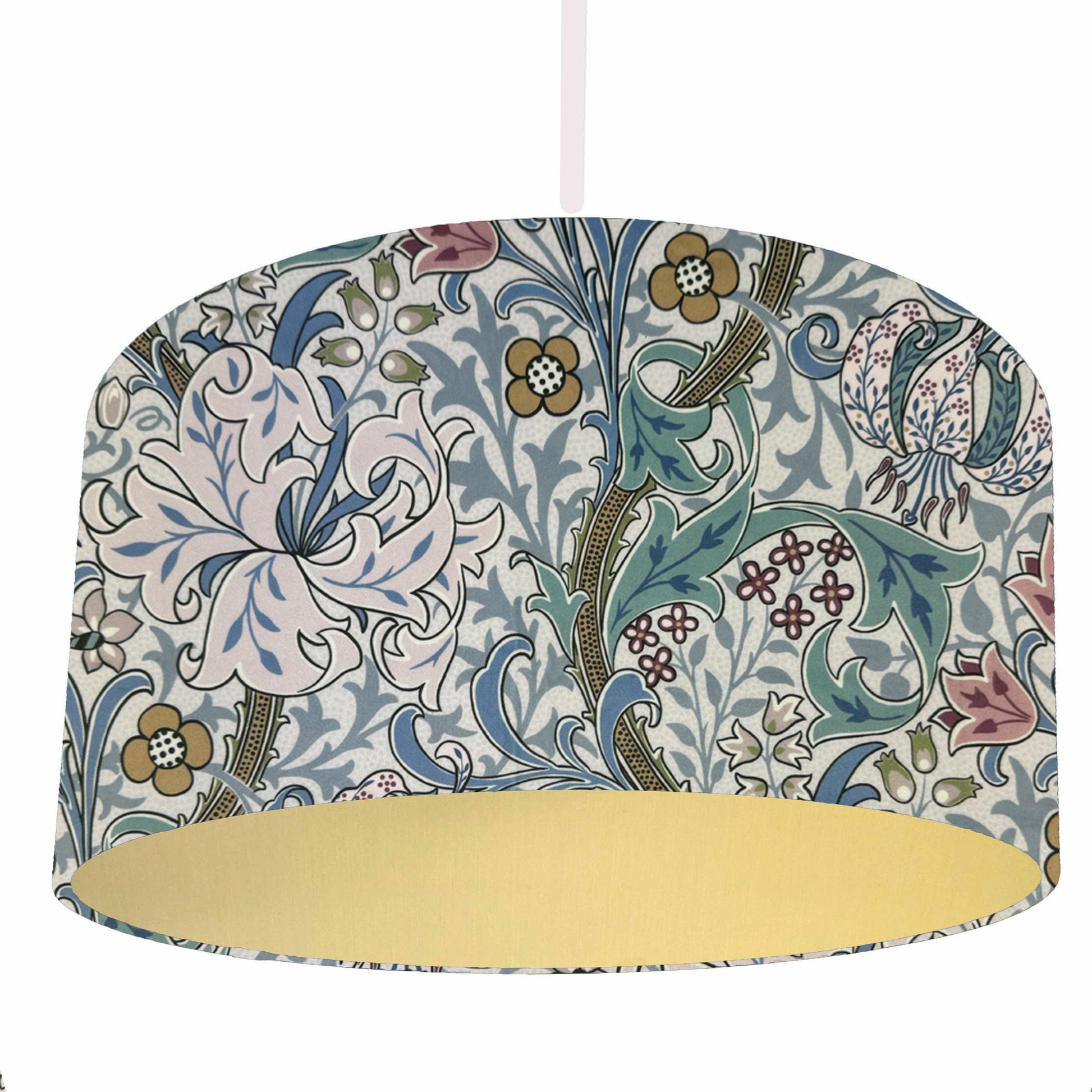 william morris golden lily lilac haze drum lampshade in gold lining