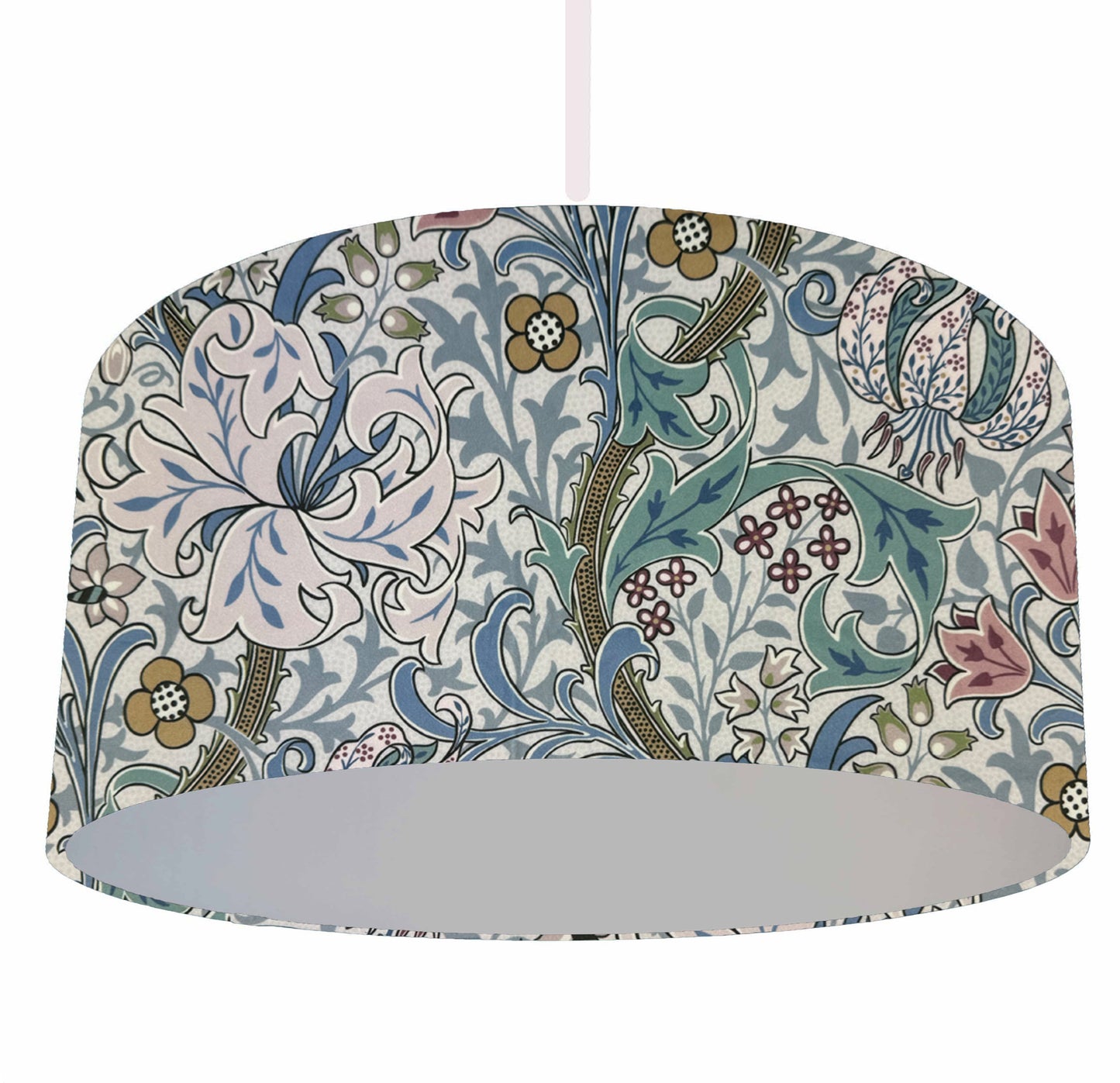 william morris golden lily lilac haze drum lampshade in silver lining