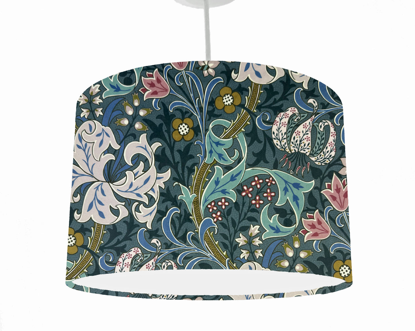 William Morris Golden Lily in blue drum ceiling lampshade, white lining