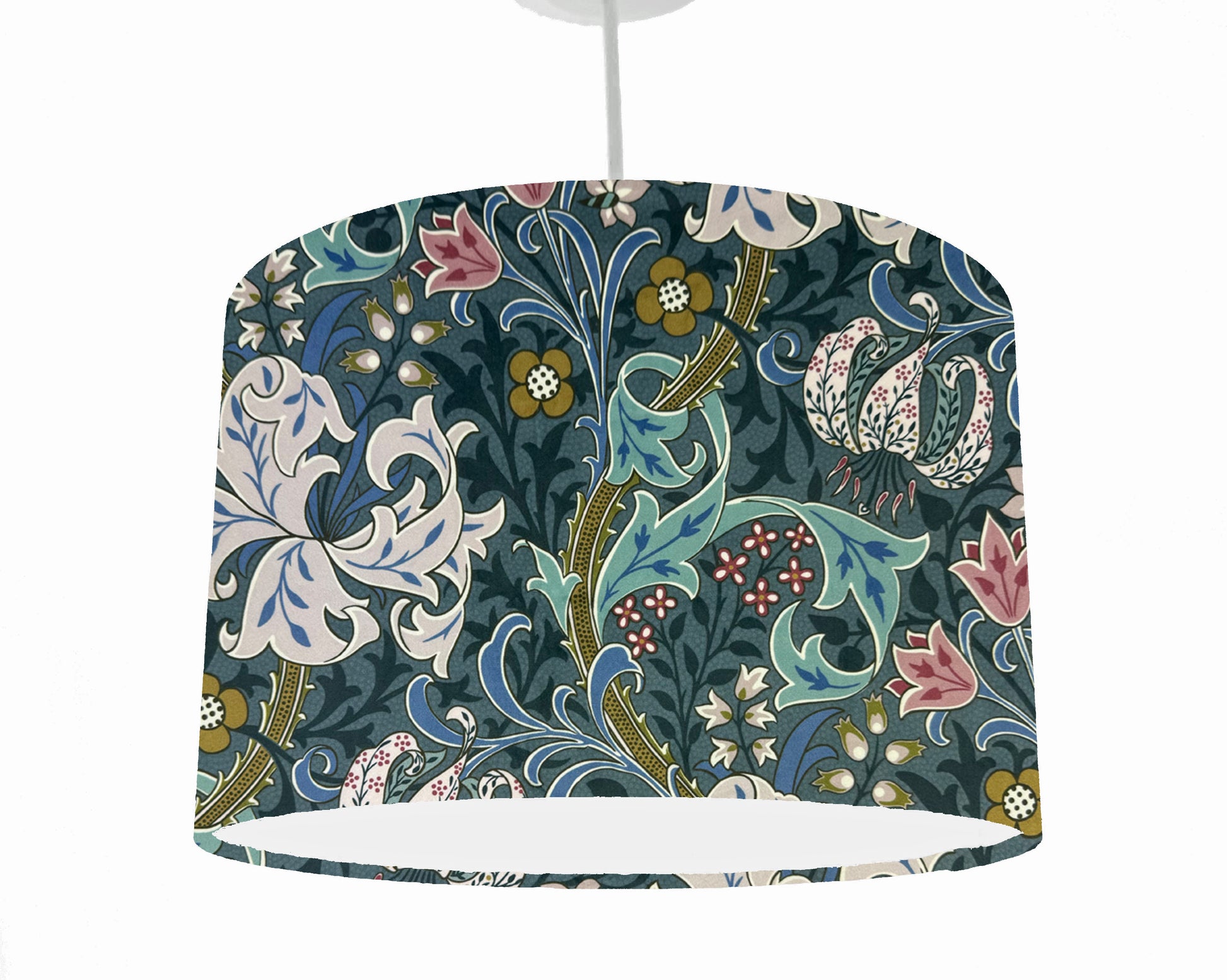 William Morris Golden Lily in blue drum ceiling lampshade, white lining