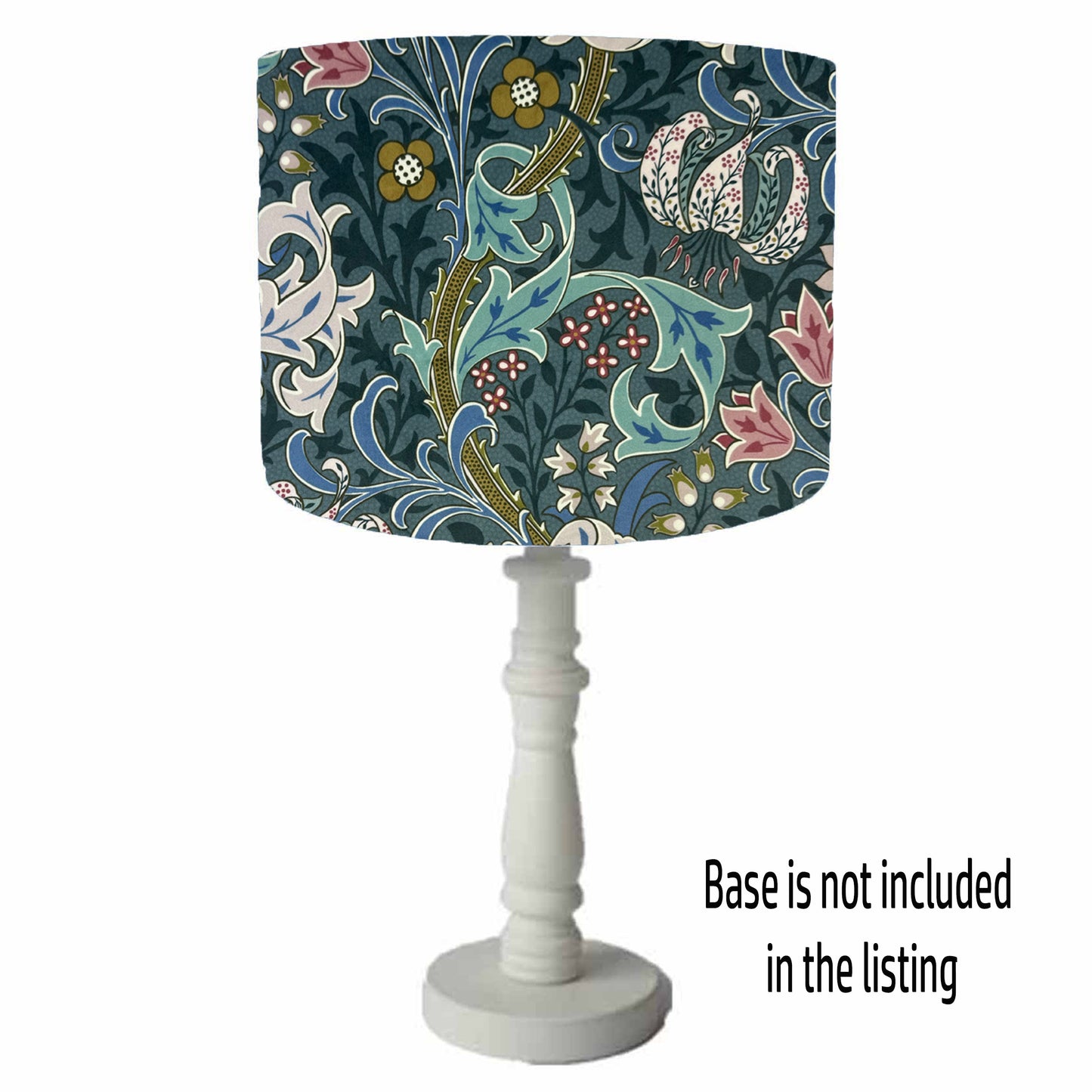 William Morris Golden Lily in blue drum table lampshade, white lining, botanical design
