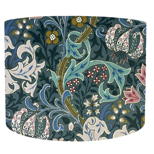 William Morris Golden Lily in blue drum  lampshade, white lining, front view of florals and leaves