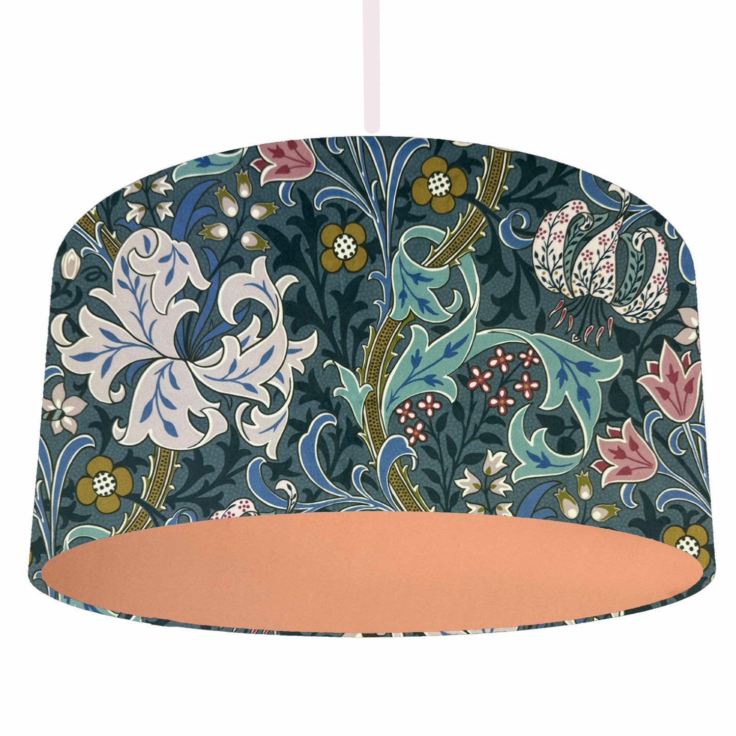 William Morris Golden Lily drum lampshade in heritage blue with floral pattern and copper lining on a white background