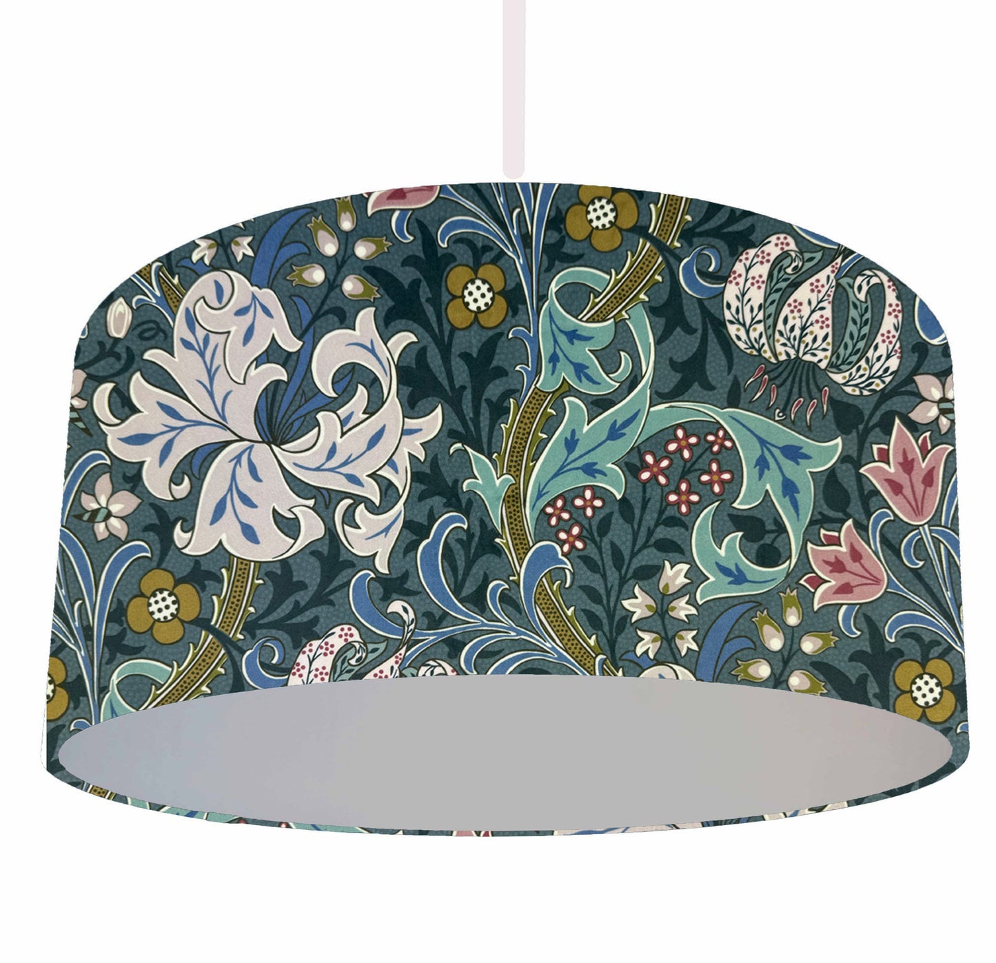 William Morris Golden Lily drum lampshade in heritage blue with floral pattern and silver lining on a white background