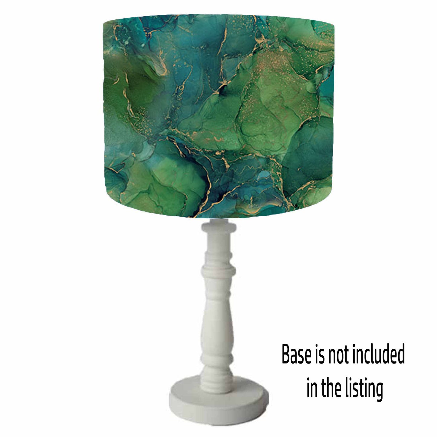 Emerald green, cyan and gold geode themed drum table lamp shade, view from a lamp base.