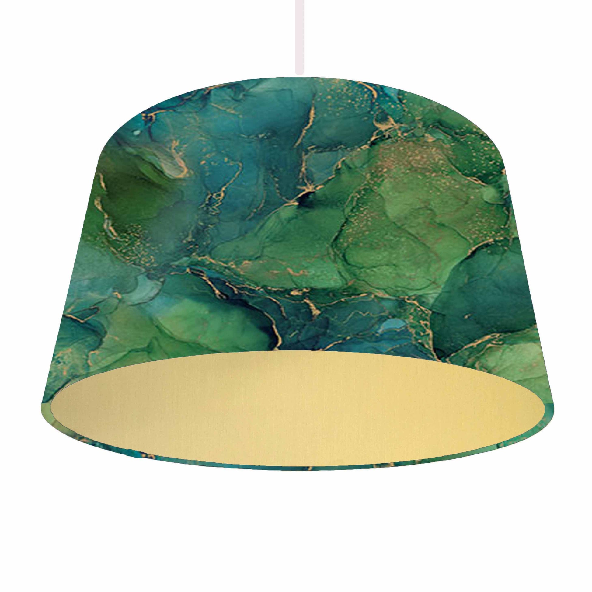 Blue and green with gold detailing geode themed drum lampshade. Ceiling light view