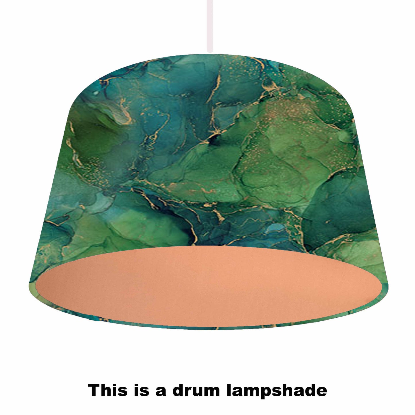 Green marble themed lampshade with copper lining. Ceiling light view