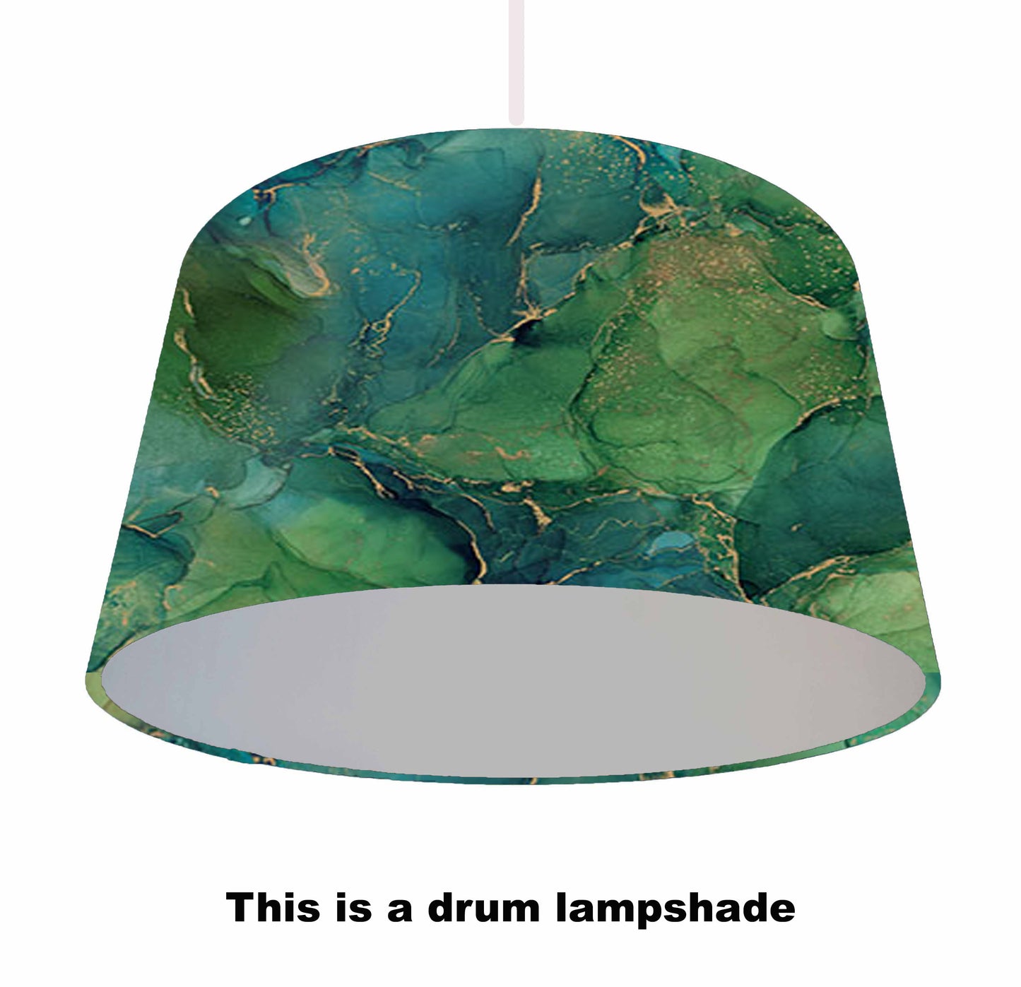 Emerald green abstract lampshade with silver lining. Ceiling light view