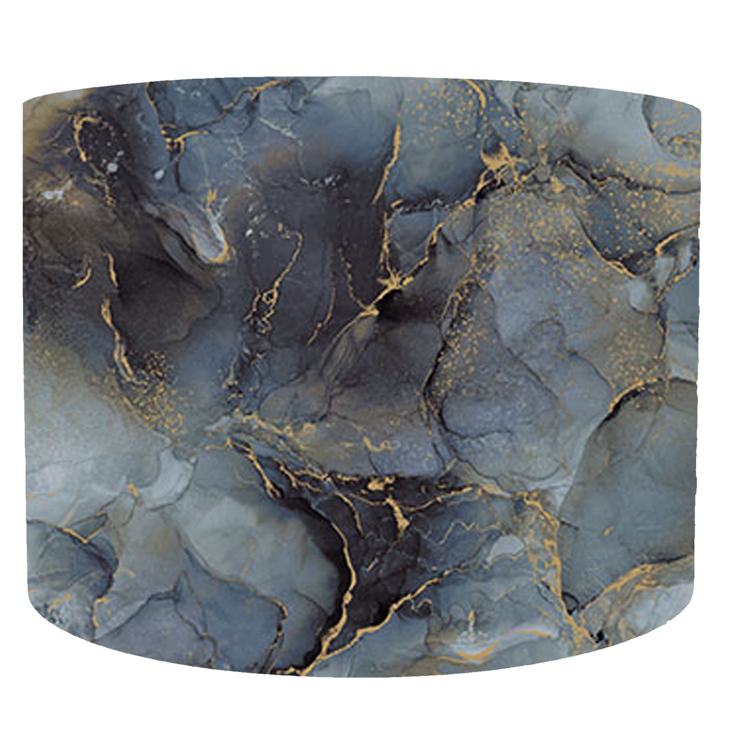 a marbled lampshade in hues of grey and blue with gorgeous gold detailing. Front view