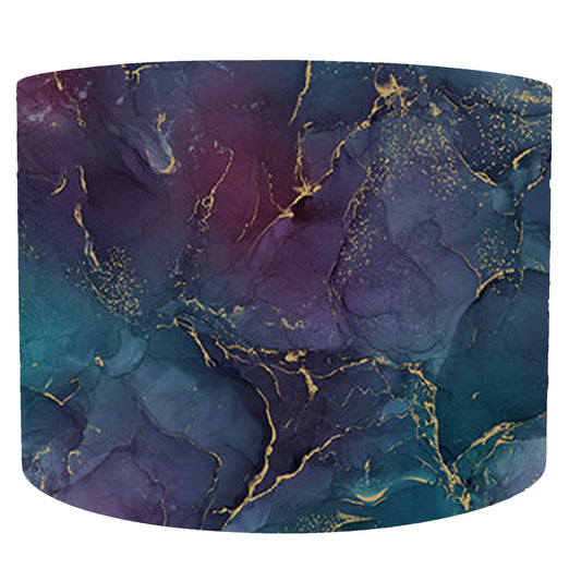 Dark blue, teal and amethyst purple coloured drum lampshade, front view