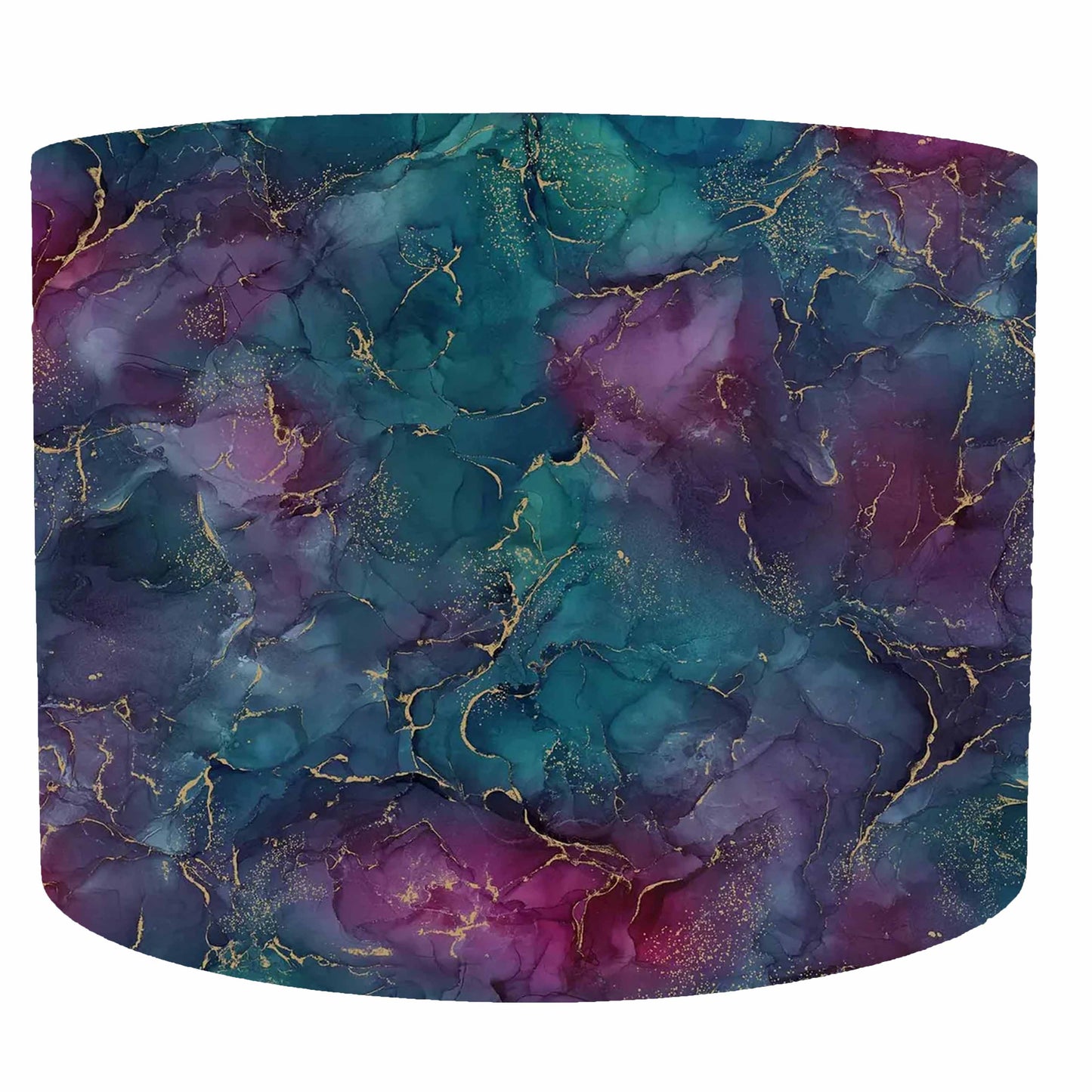 Colourful amethyst purple with teal and blues geode style with gold detailing drum lampshade with white lining, Front view