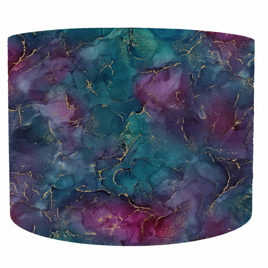 Colourful amethyst purple with teal and blues geode style with gold detailing drum lampshade with white lining, Front view