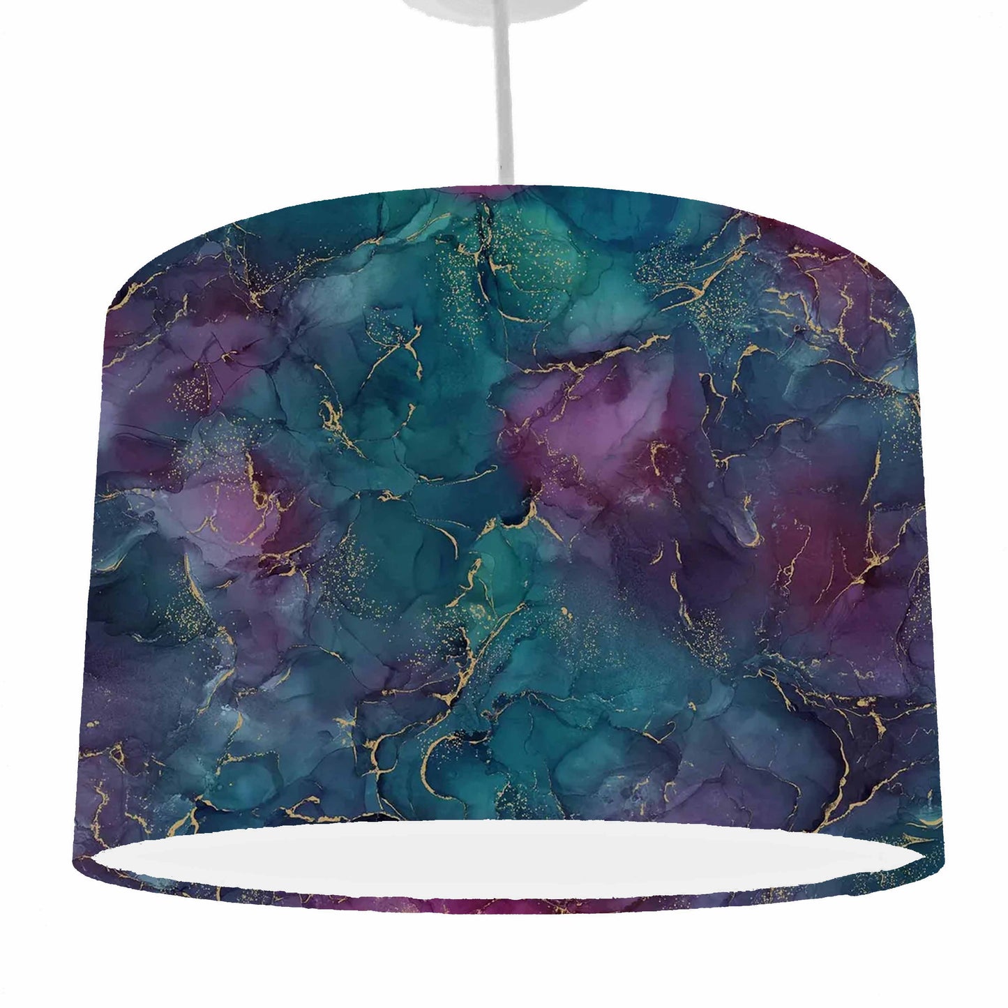Teal, purple and blue with gold viened themed lampshade, ceiling light view