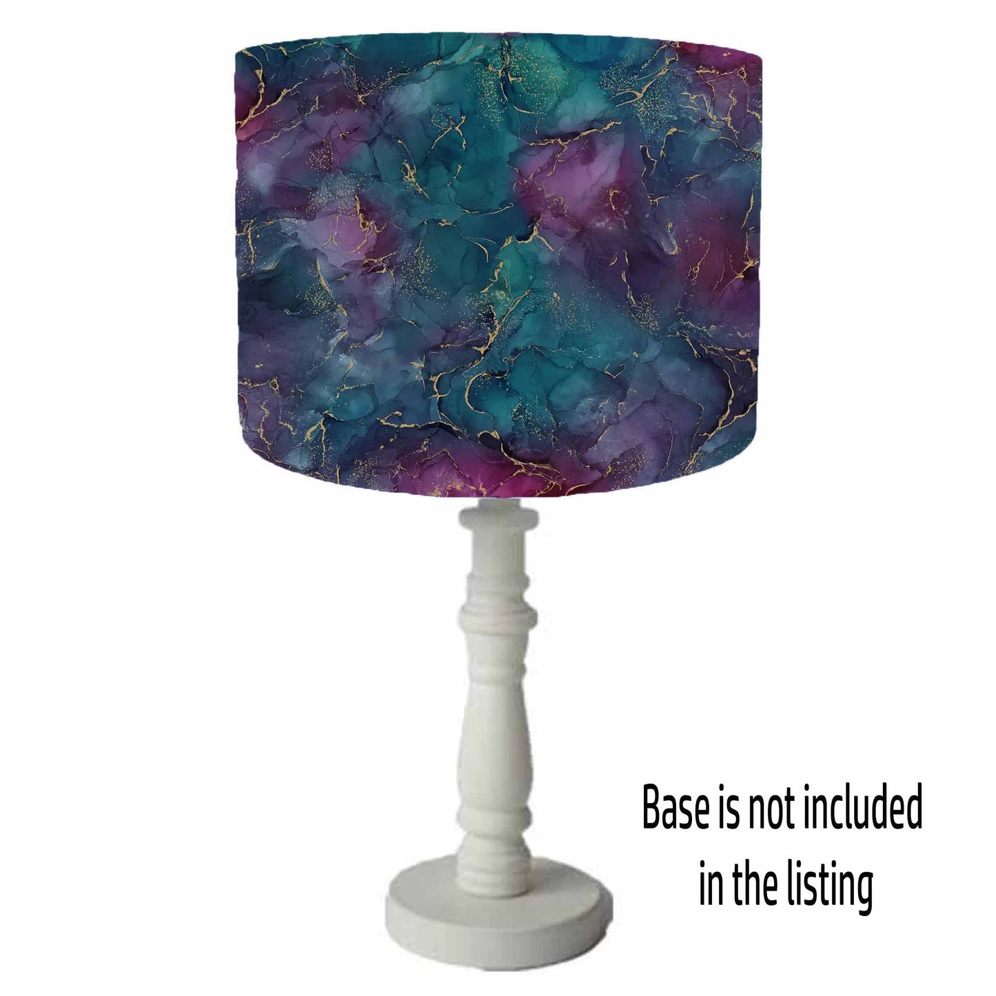 Jewelled coloured drum lampshade with shades of purple, teal and blue with gorgeous gold vien detailing. Table light view