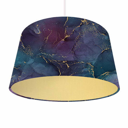 blue teal and amethyst lampshade with gold lining, ceiling light view