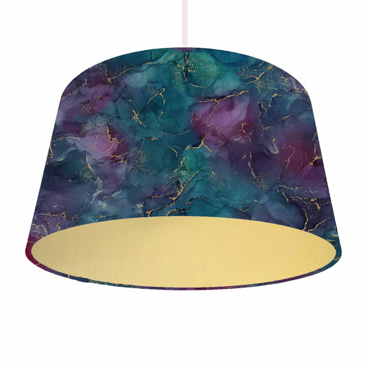 Gorgeous purple, teal and blue themed lampshade in the style of geode and gold vien detailing. Made with gold lining, ceiling light view