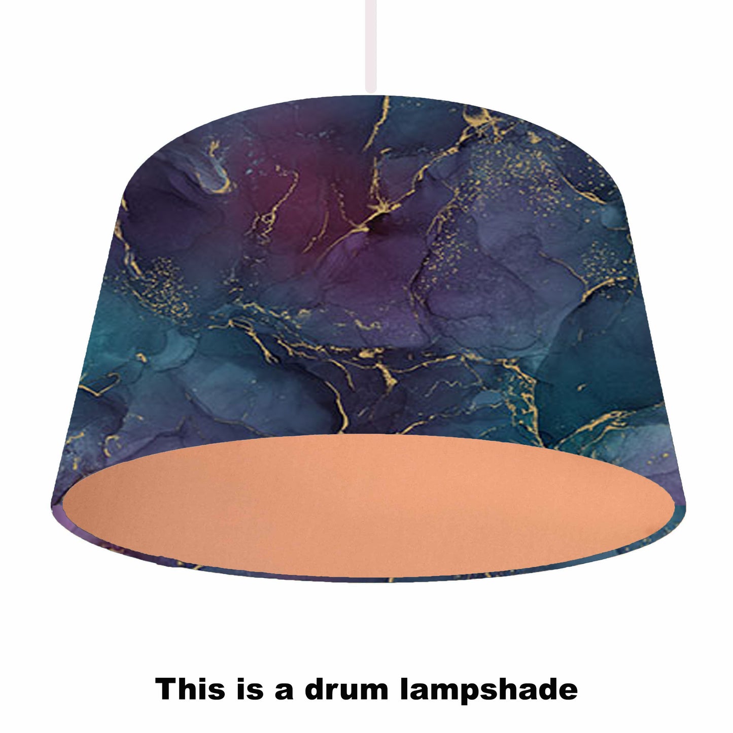 purple and blue lampshade with copper lining, ceiling light view