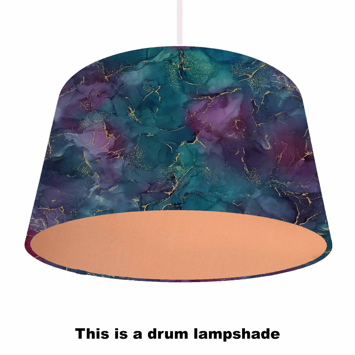 Multicolored drum lampshade with gold accents with copper lining, ceiling light view