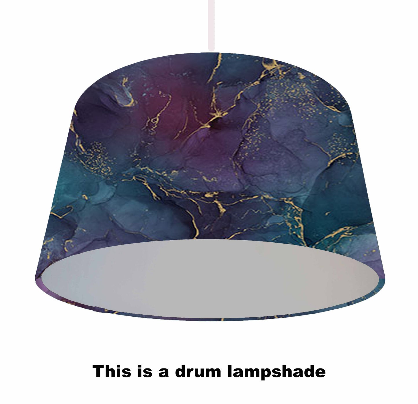 blue purple lampshade with gold detailing, and silver lining. ceiling light view