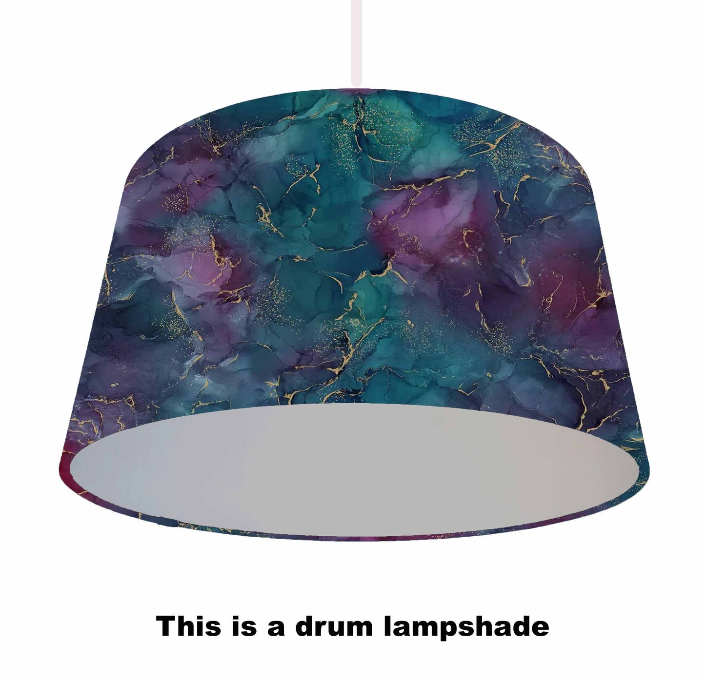 Vibrant purple, teal and blue geode style lampshade with gold detailing. Silver lining, ceiling light view
