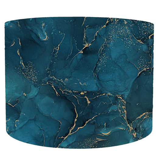 striking blue and gold drum lampshade. front view