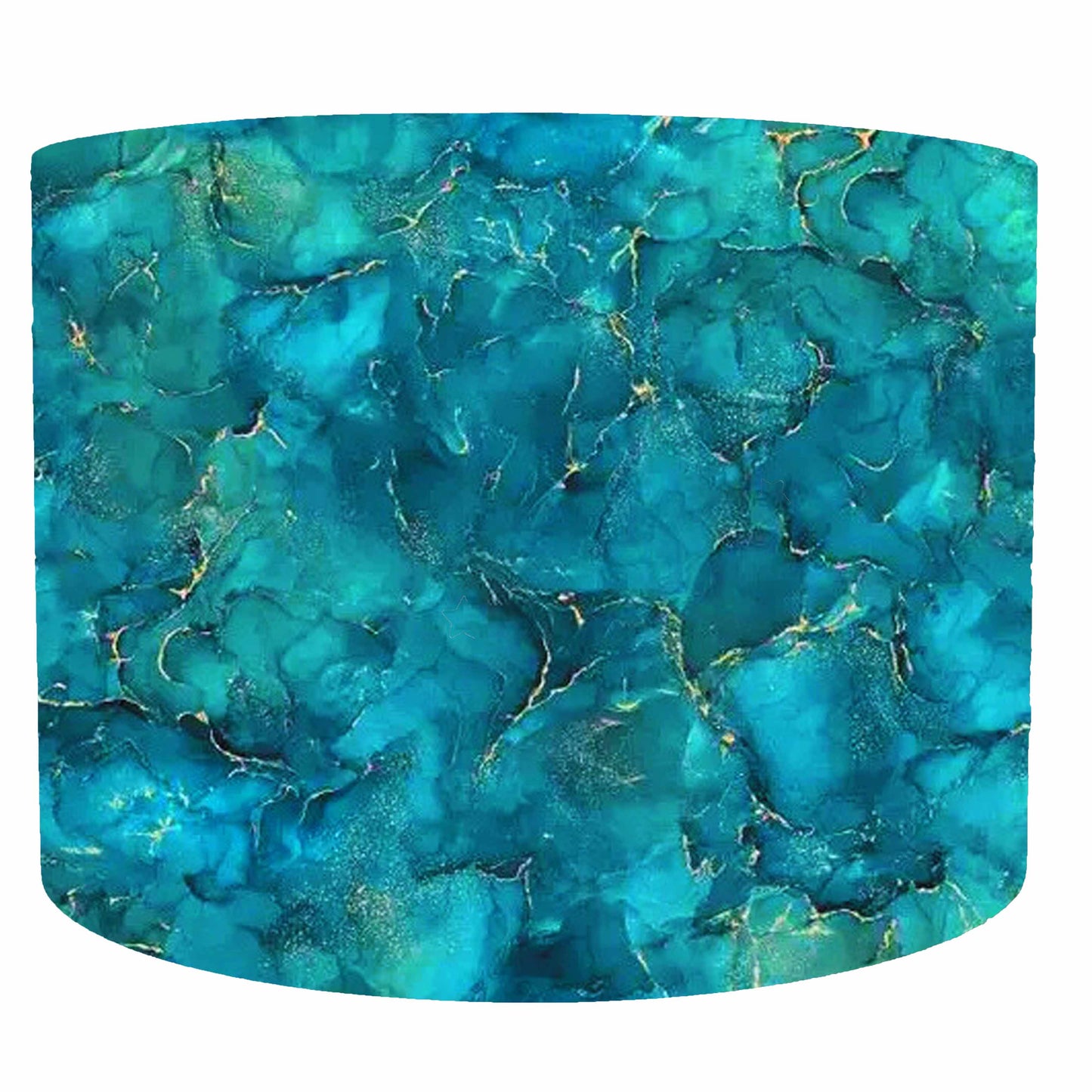 Cyan Blue and Green, with gold detailing drum lampshade, front view