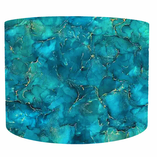 Cyan Blue and Green, with gold detailing drum lampshade, front view
