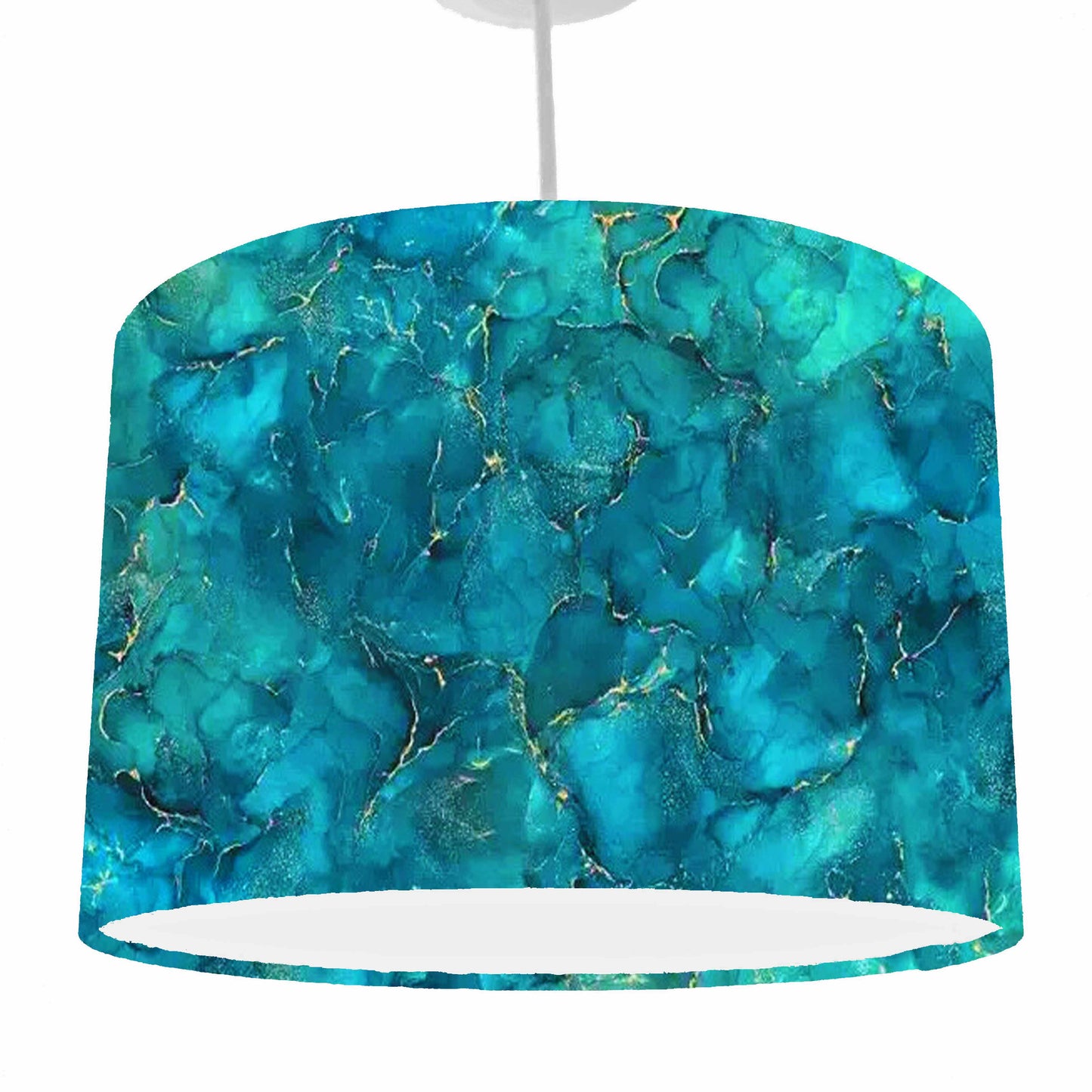 Teal and gold drum lampshade, ceiling light view