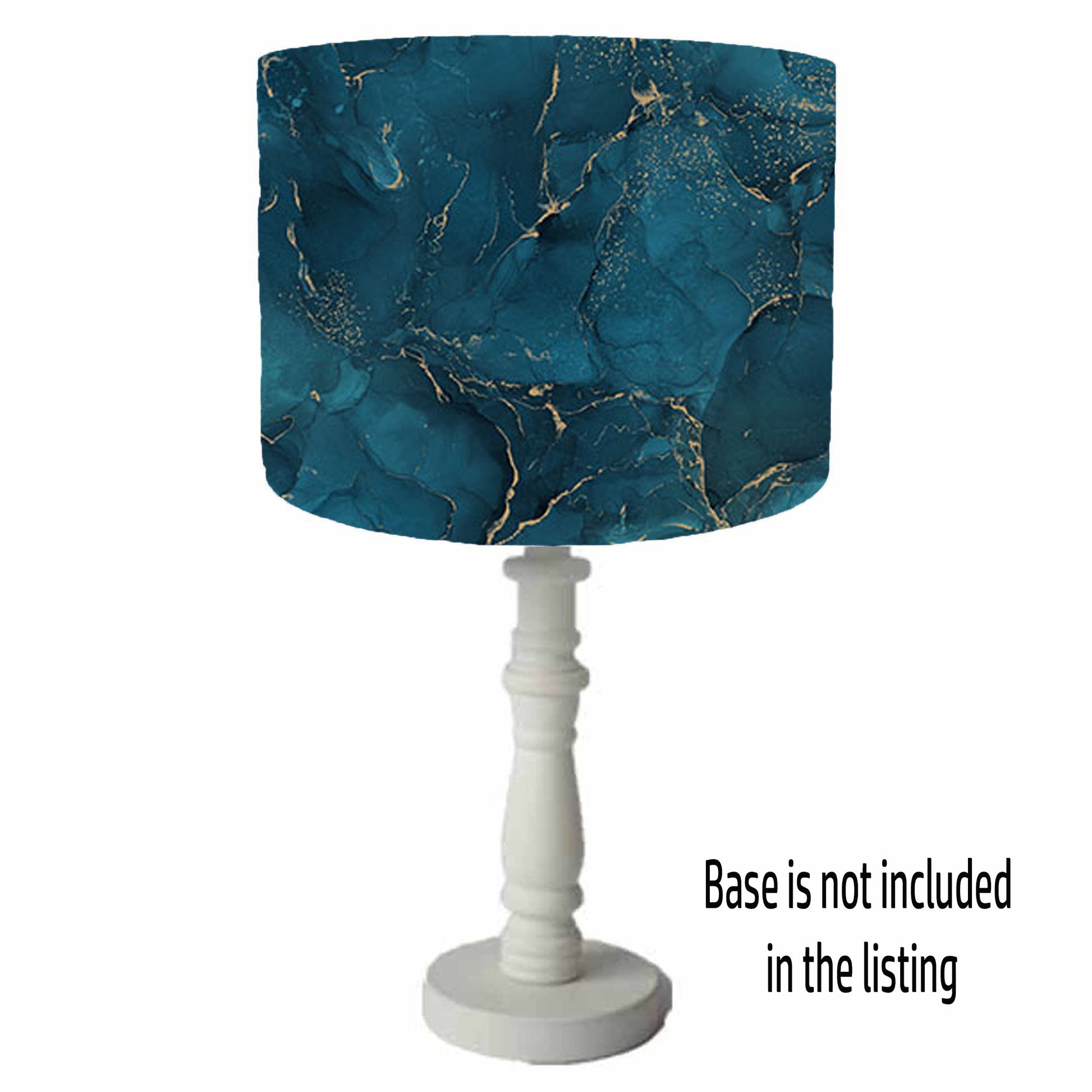 Teal blue and gold detailing drum lampshade, table lamp view