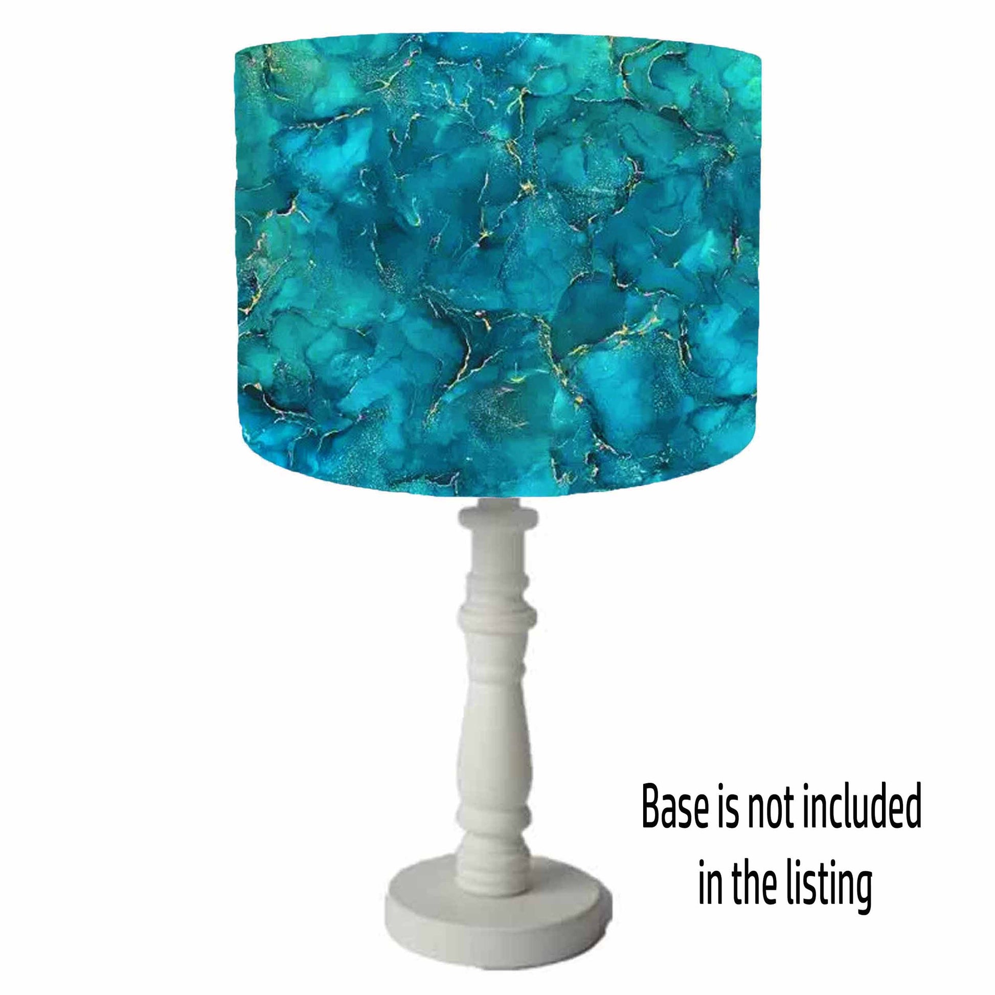 Midas Teal table lampshade, with varying hues of blue and green with gold vein detailing