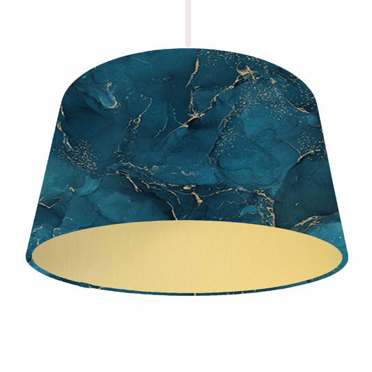blue and gold drum lampshade with gold lining, ceiling light view
