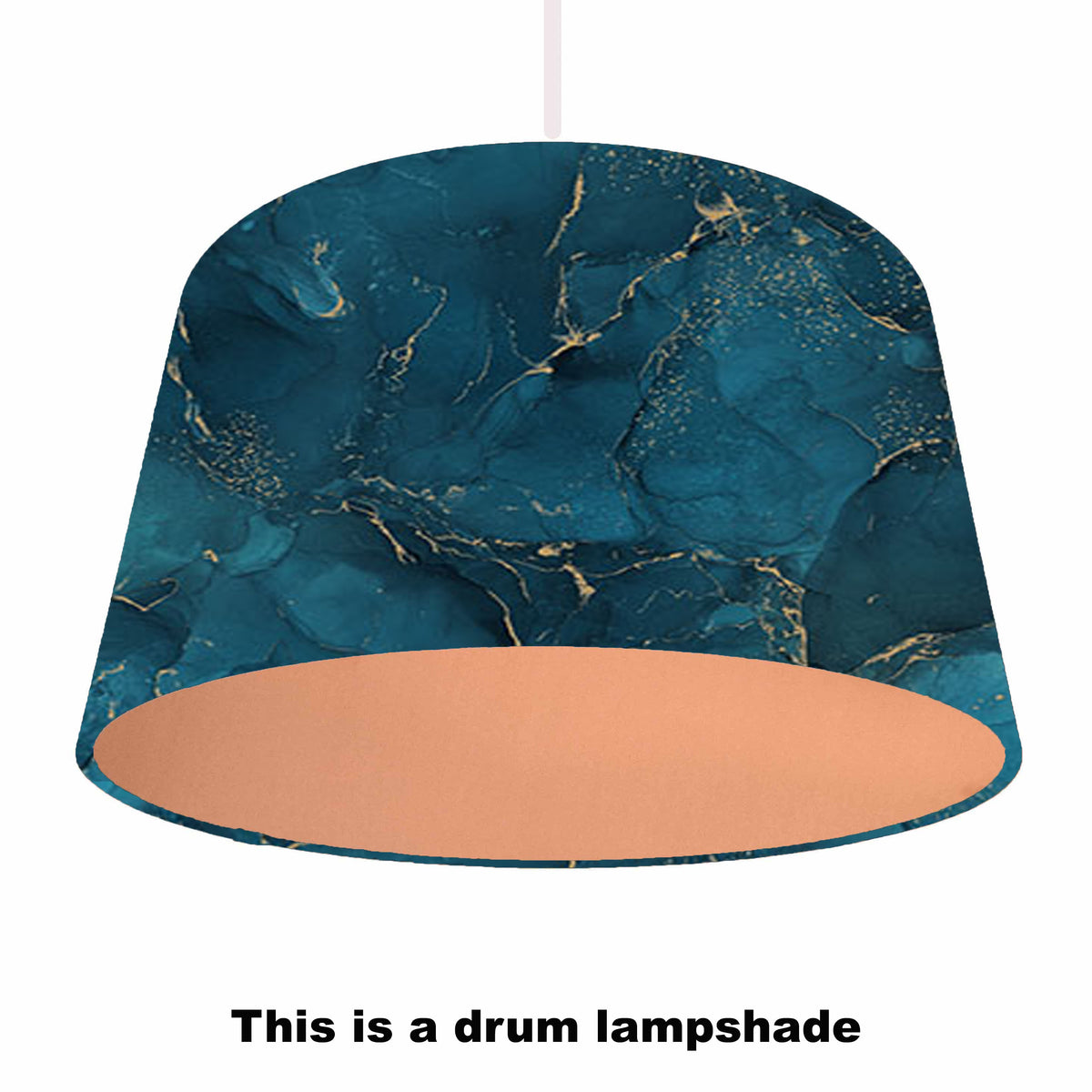 teal blue and gold lampshade with copper lining, ceiling light view