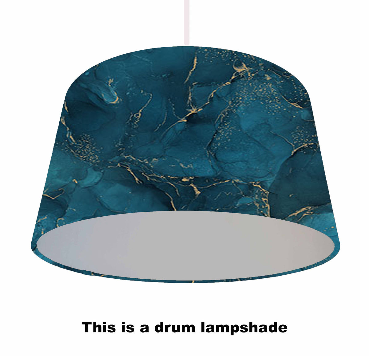 cyan blue and gold lampshade with silver lining, ceiling light view