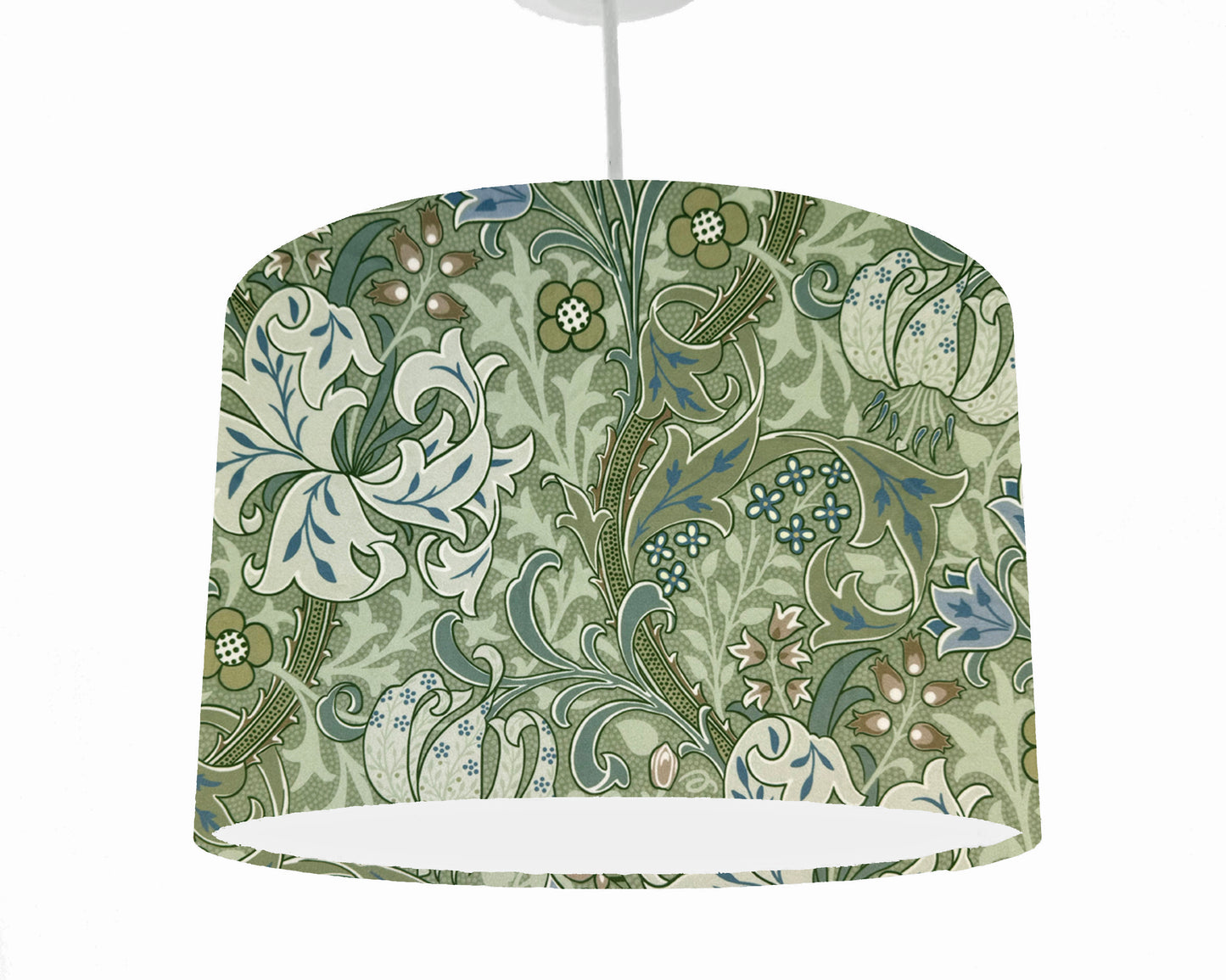 William Morris Golden Lily sage green ceiling pendant lampshade with intricate floral pattern on a white background