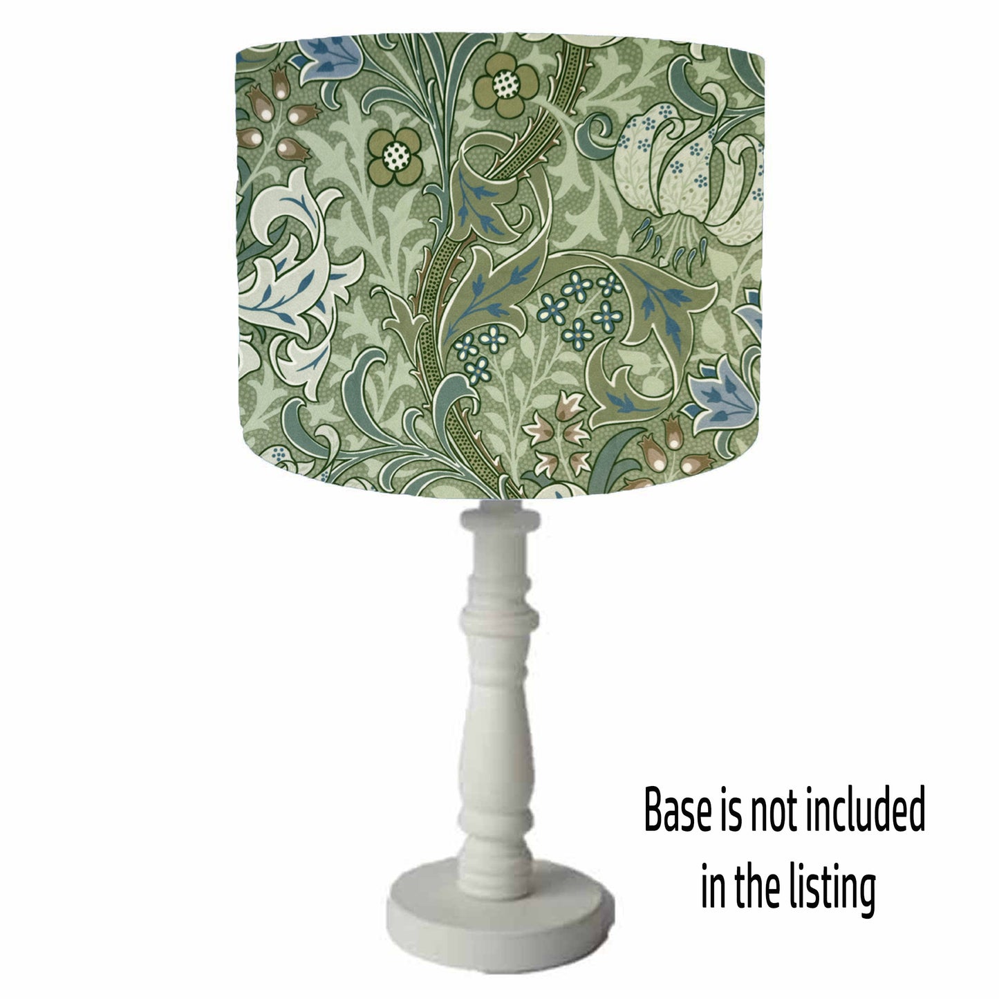 William Morris Golden Lily green table lampshade with intricate floral pattern on a white background